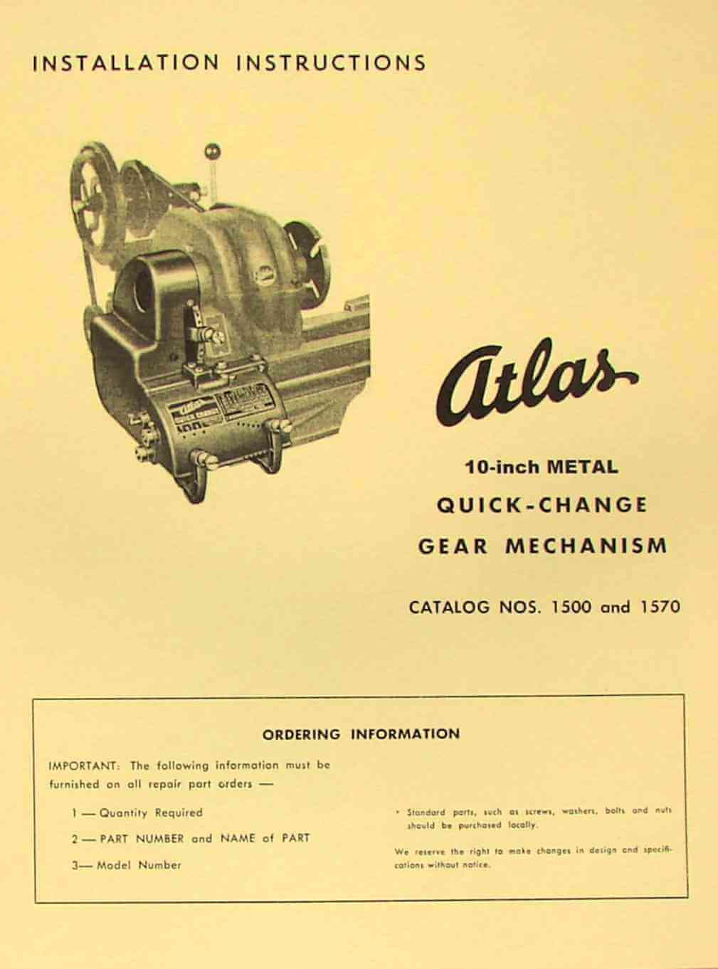 ATLAS Quick Gear Change Manual For 10" Metal Lathe – Model 0042 Shop Guide