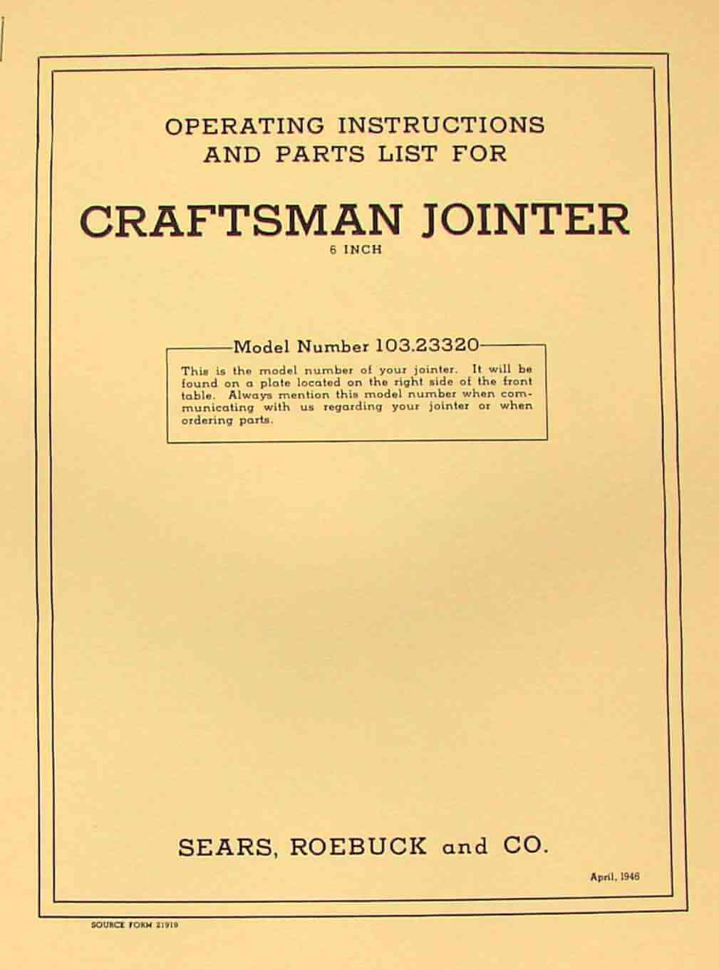 CRAFTSMAN 6" Jointer 103.23320 Owner's Operator's & Parts Manual