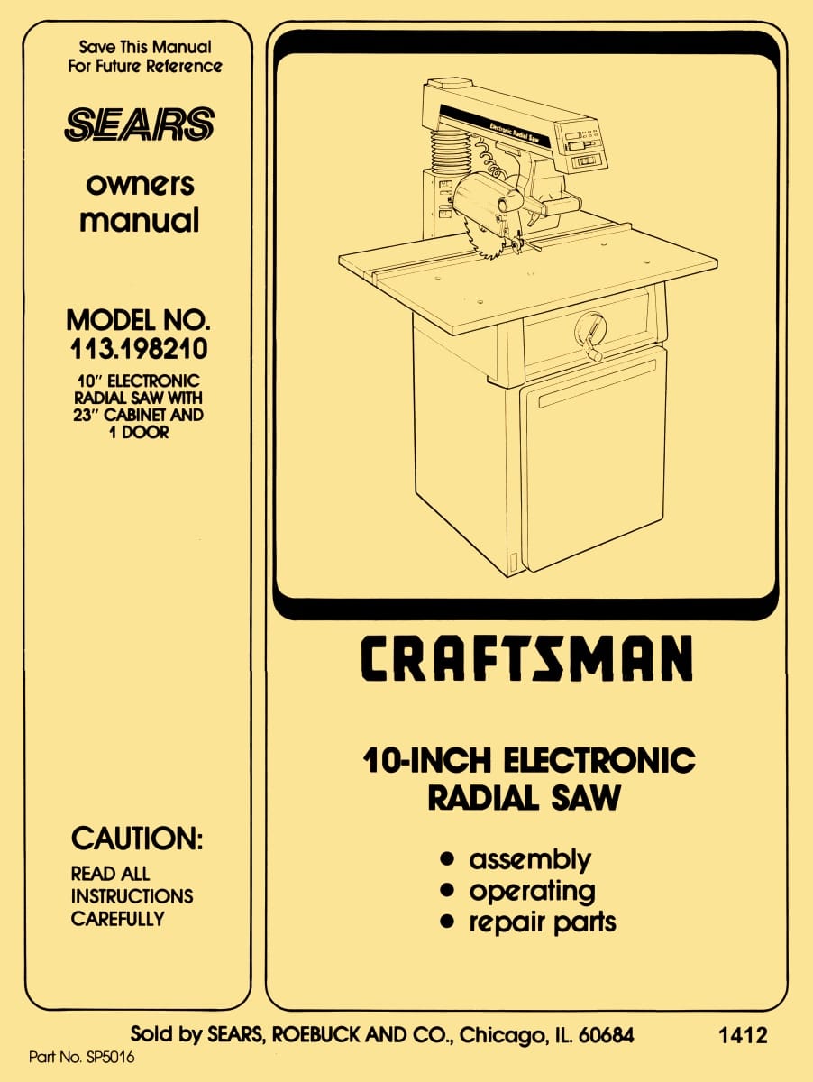 CRAFTSMAN 113.198210 Electronic Radial Arm Saw Operator Instructions