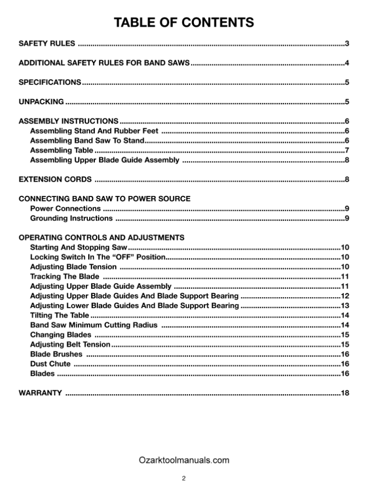DELTA 12 Inch Band Saw 28190 Instructions & Parts Manual Ozark Tool