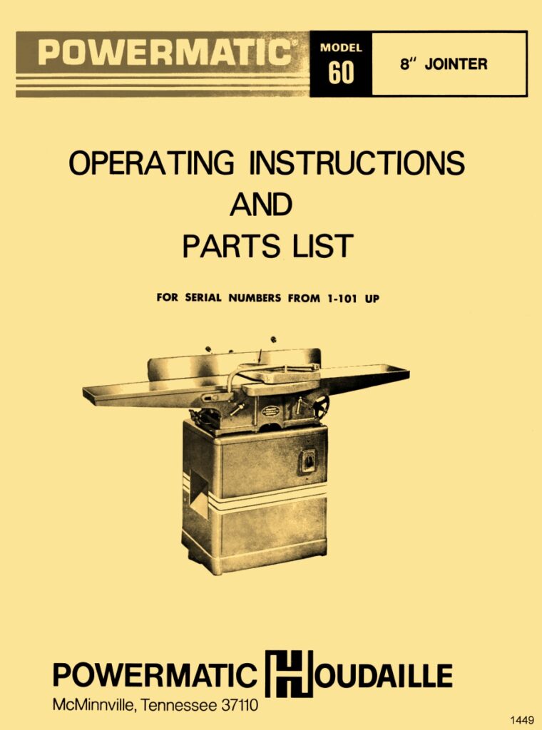 POWERMATIC 60 8" Jointer Older Instruction & Parts Manual Ozark Tool