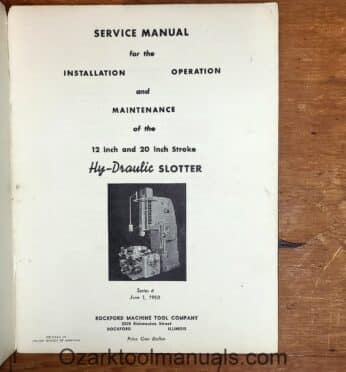 Alt text: Service manual cover for the installation, operation, and maintenance of a 12-inch and 20-inch stroke hydraulic slotter.