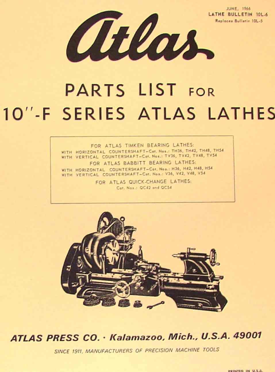 Atlas Lathe 10" F Series Parts List Instructions & Charts 7 Documents
