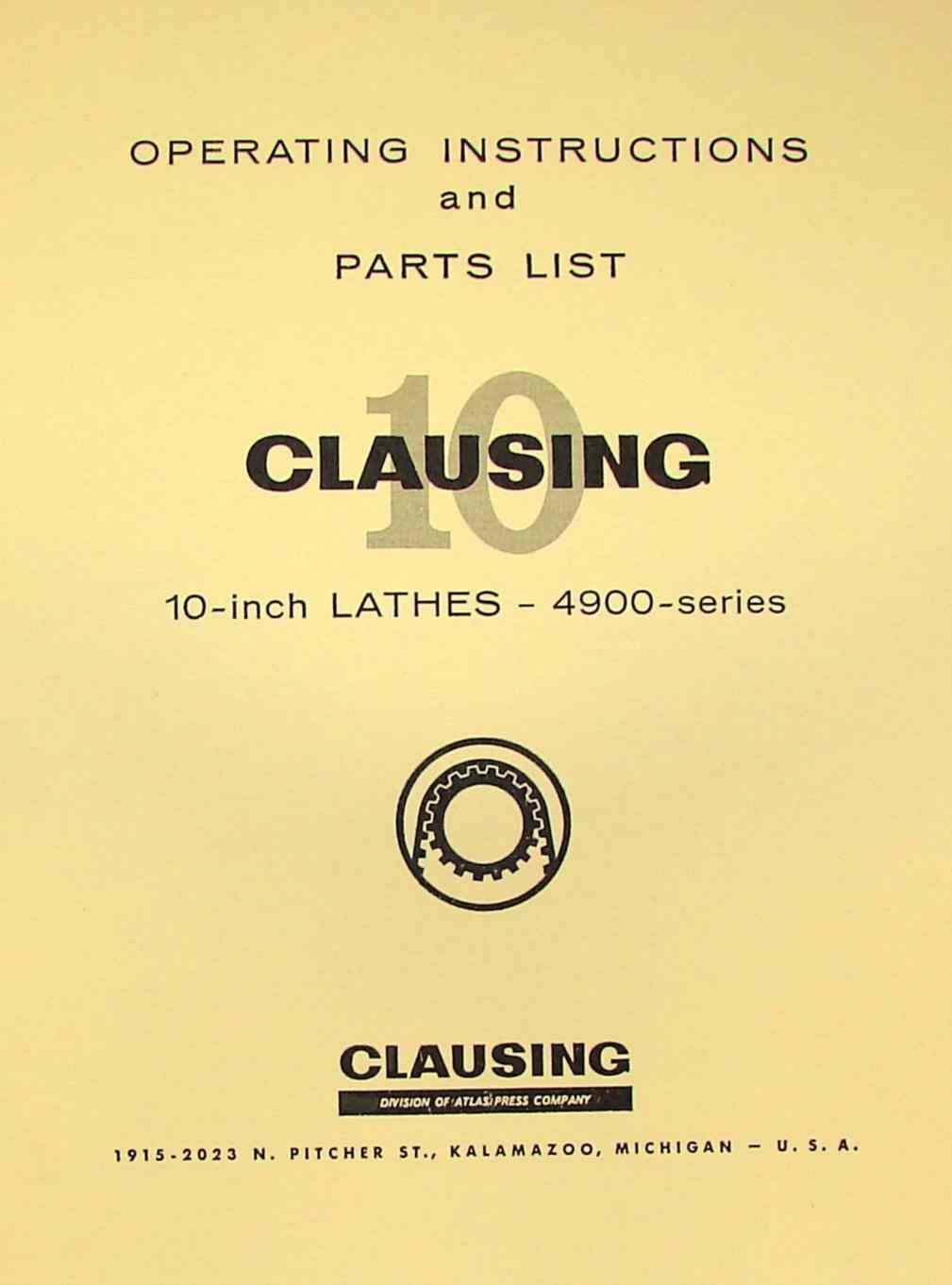 Instruction & Parts Manual Clausing 8000 Series 15” Colchester Lathes 