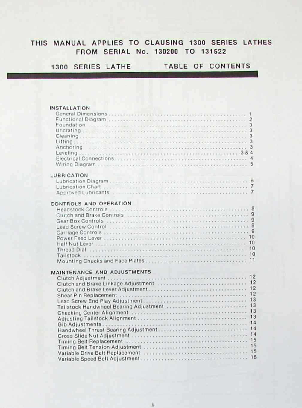 Clausing 1300 Series Lathe Operating Instructions and Parts List Manual 1972 