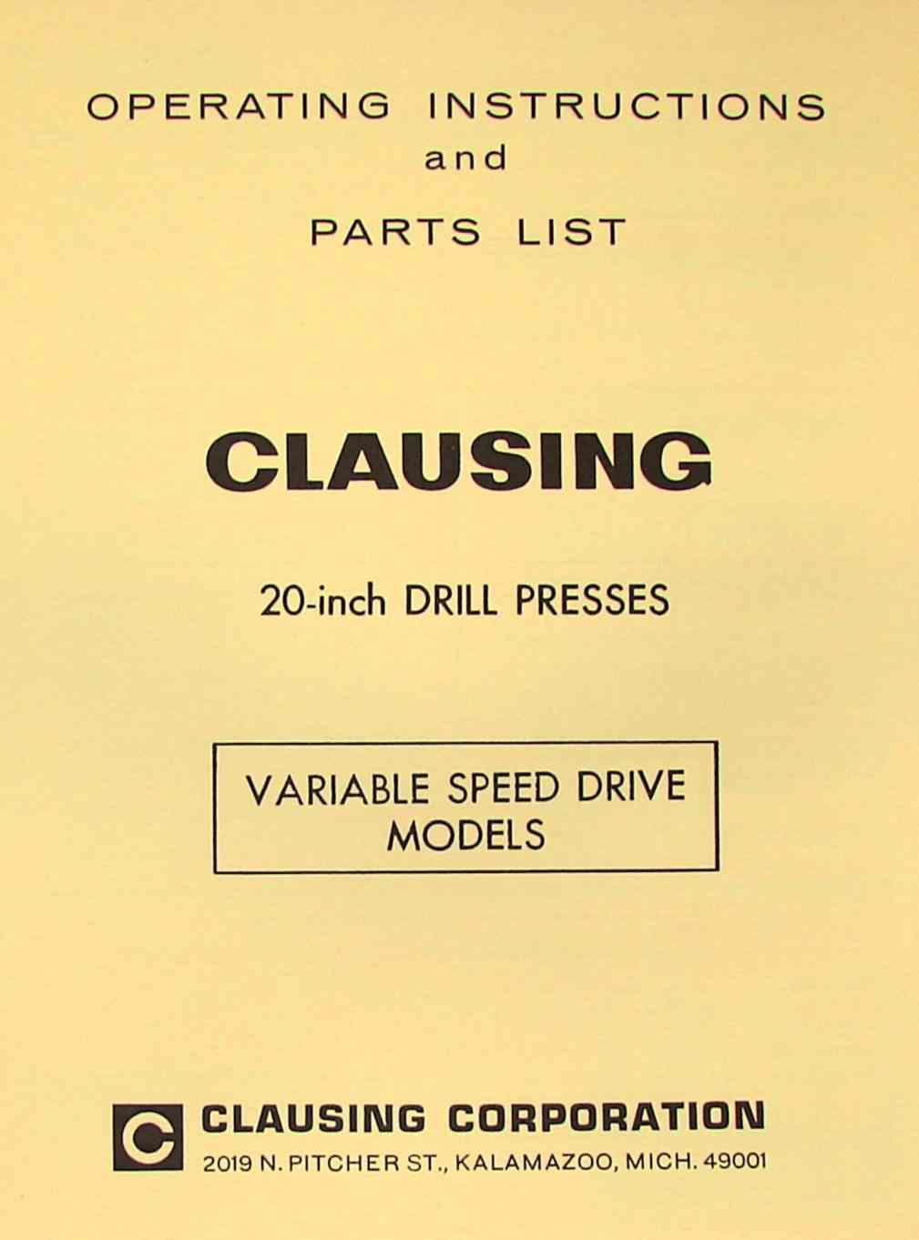 Clausing 20" Drill Press Part #130-016 Speed Chart 