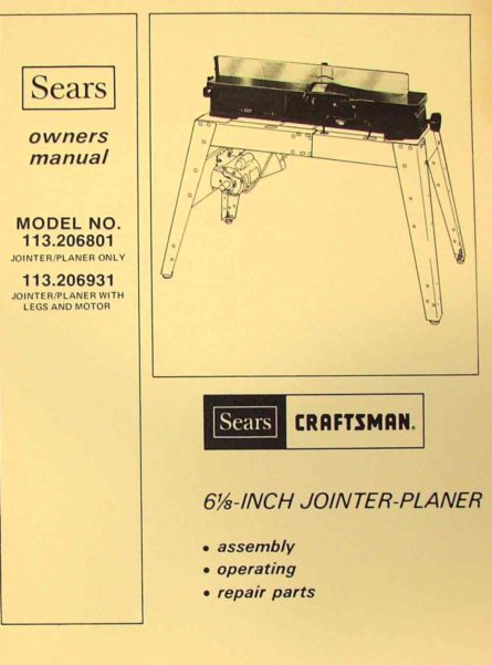Craftsman 6 1/8 Jointer Operators Manual No.113.20680 