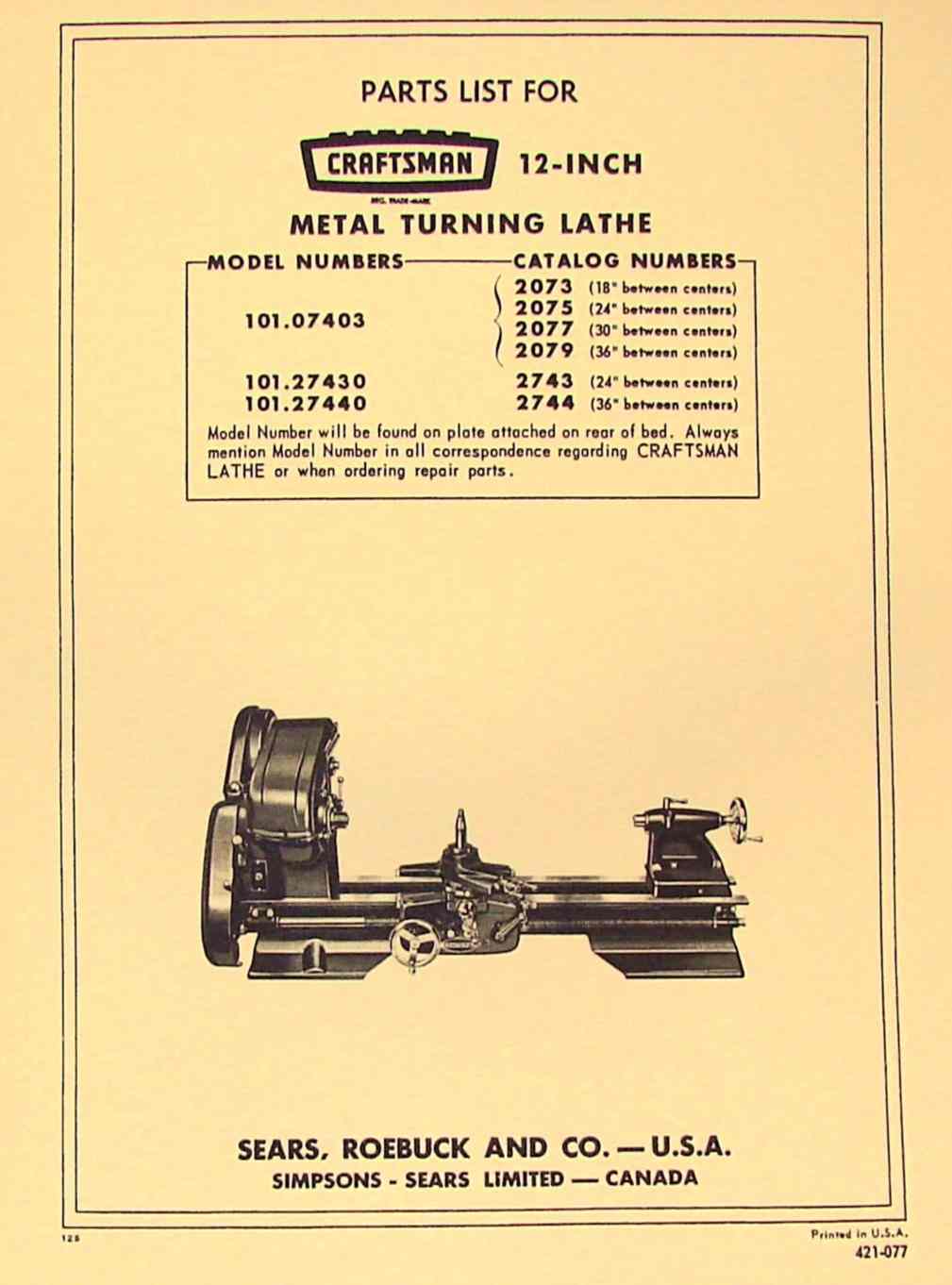 Craftsman 12" Metal Lathe Operating and Parts List Manual 101.28900 & 101.28910 