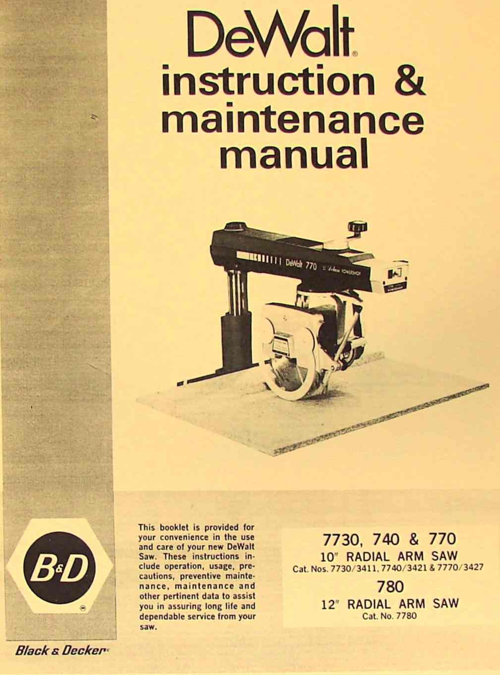 DEWALT 770, 740 10" 12" Arm Saw Instruction Manual - Ozark Manuals & Books