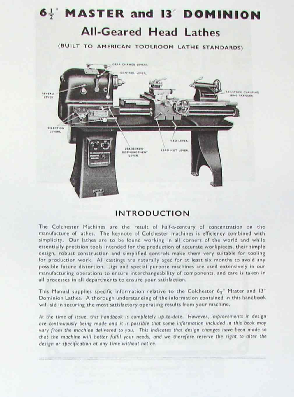 DOMINION MASTER COLCHESTER 13" Metal Lathe Instructions & Parts Manual