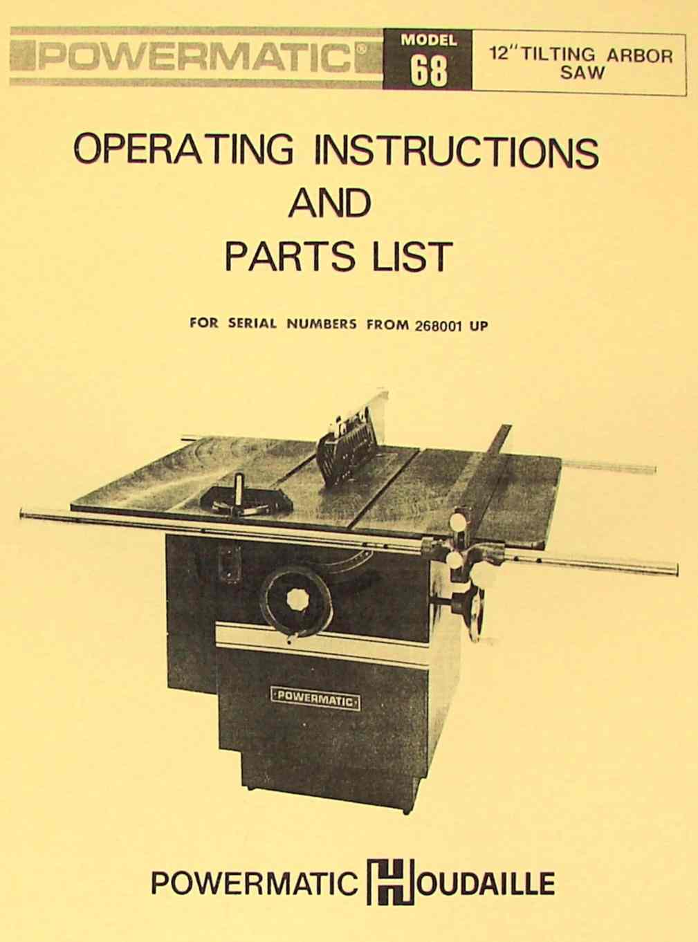 POWERMATIC 68 12" Arbor Table Saw OperatingParts Manual Ozark Tool Manuals & Books