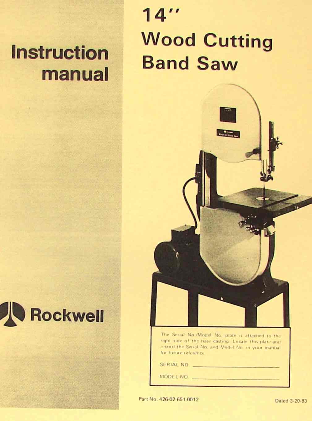 ROCKWELL 14" Wood Band Saw Instruction Parts Manual 0593 