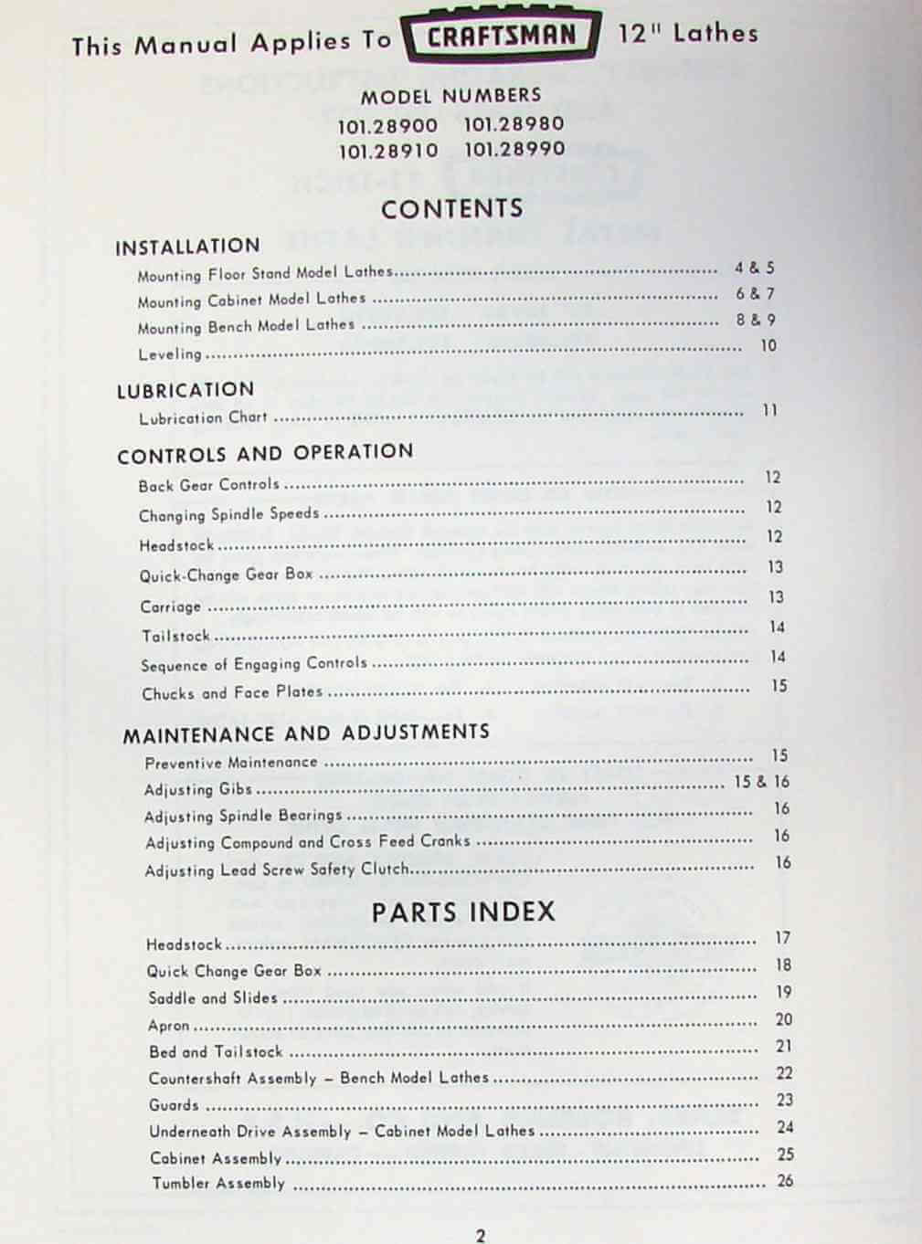 Craftsman 12" Metal Lathe Operating Manual and Parts List 101.28980 & 101.28990