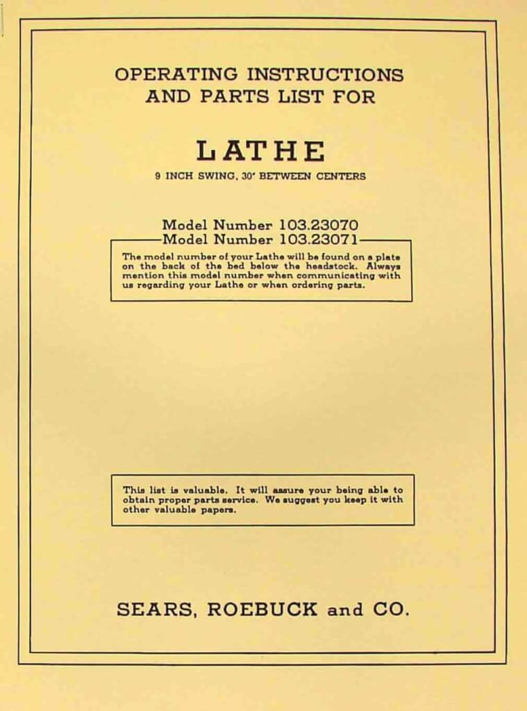 CRAFTSMAN 103.23070 103.23071 Wood Lathe Instructions & Parts Manual