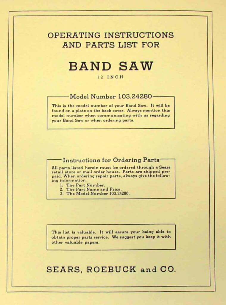 CRAFTSMAN 103.24280 12" Band Saw Owner's Operator's & Parts Manual