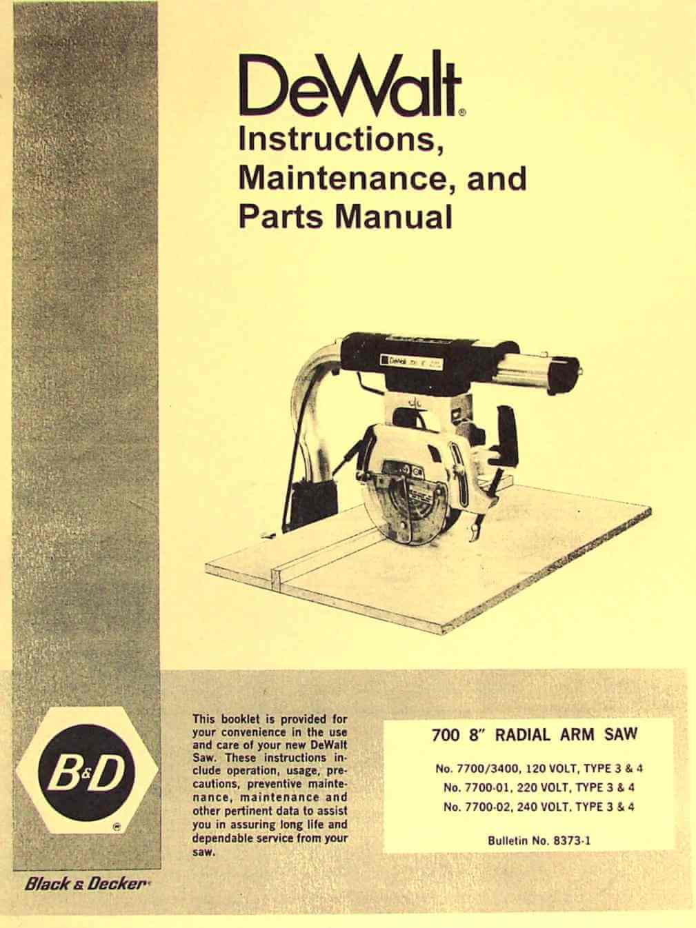 DEWALT PowerShop 7730 10" Radial Arm Saw Instruction & Parts Manual 0256 