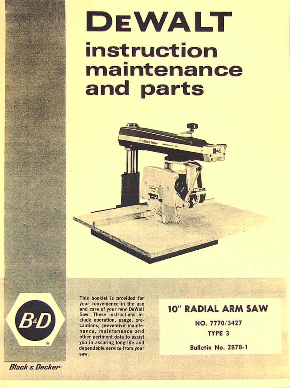 DeWalt Model GE Manual Radial Arm Saw Instructions 