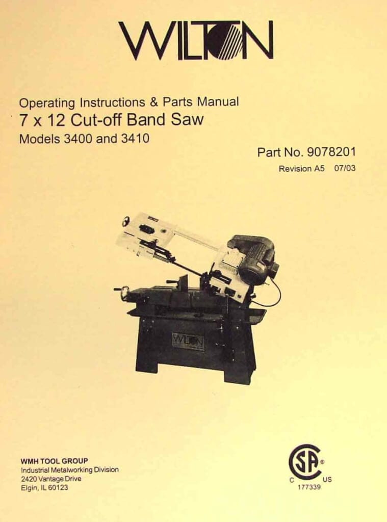 WILTON 3400 and 3410 7x12 Horizontal Band Saw Instructions and Parts
